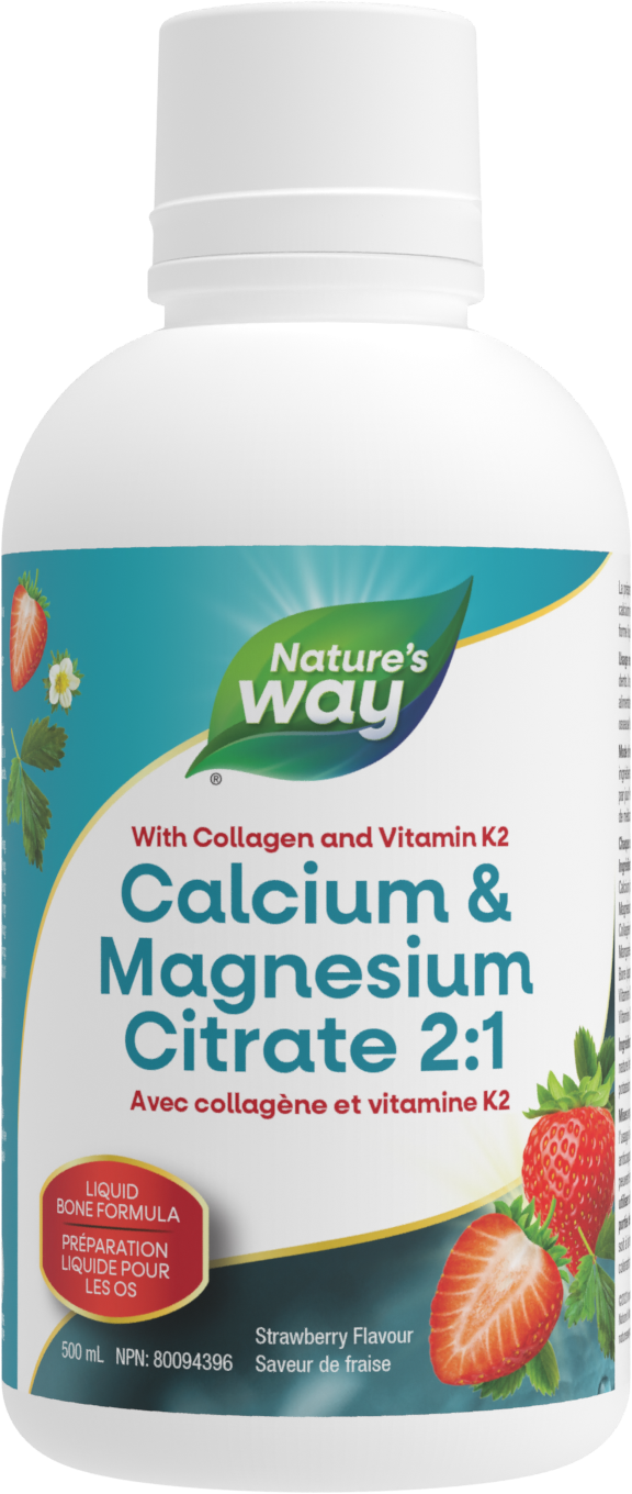 Citrate de calcium et de magnésium 2:1 avec vitamine K2 et collagène, fraise / 16,9 fl oz (500 ml)