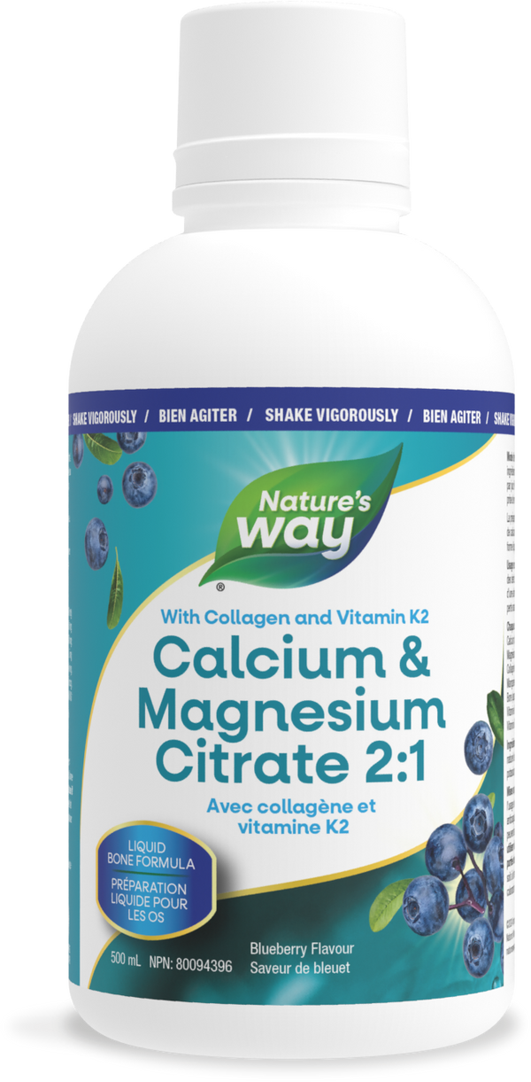 Citrate de calcium et de magnésium 2: 1 avec vitamine K2 et collagène, myrtille / 16,9 fl oz (500 ml)