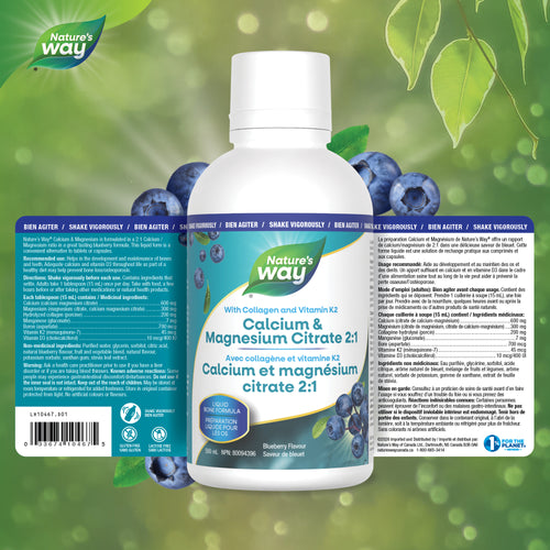 <{%FACT1_10467%}>Nature's Way® | Calcium & Magnesium Citrate 2:1 with Vitamin K2 & Collagen, Blueberry - supplement facts