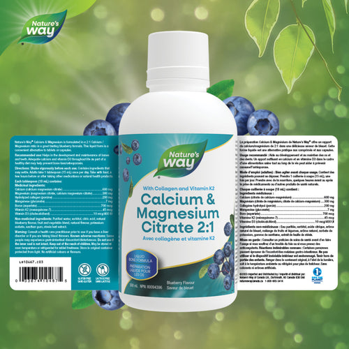 Citrate de calcium et de magnésium 2: 1 avec vitamine K2 et collagène, myrtille / 16,9 fl oz (500 ml)