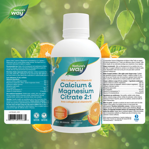Citrate de calcium et de magnésium 2:1 avec vitamine K2 et collagène, orange / 16,9 fl oz (500 ml)