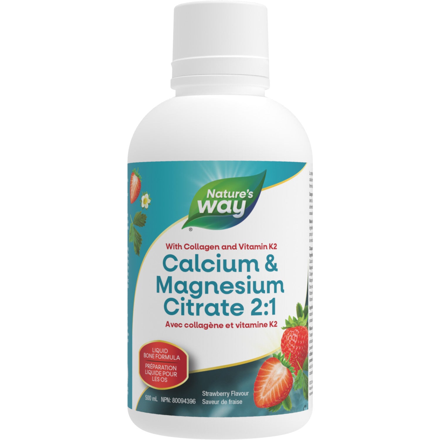 Citrate de calcium et de magnésium 2:1 avec vitamine K2 et collagène, fraise / 16,9 fl oz (500 ml)