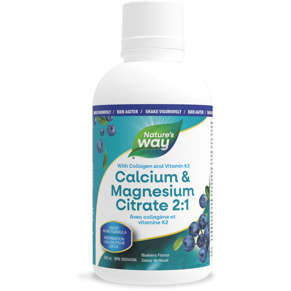 Citrate de calcium et de magnésium 2: 1 avec vitamine K2 et collagène, myrtille / 16,9 fl oz (500 ml)