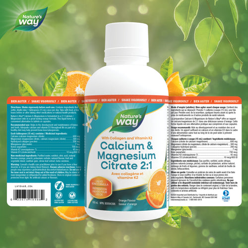 Citrate de calcium et de magnésium 2:1 avec vitamine K2 et collagène, orange / 16,9 fl oz (500 ml)